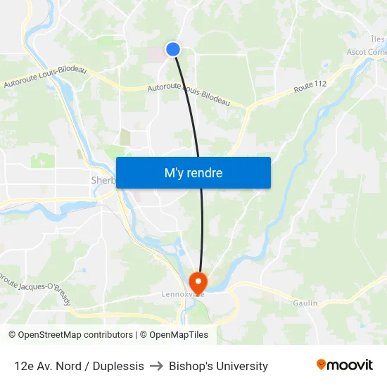 12e Av. Nord / Duplessis to Bishop's University map