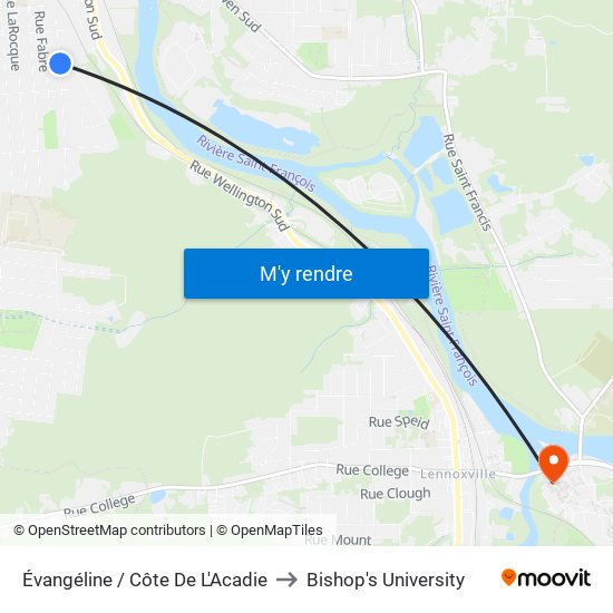 Évangéline / Côte De L'Acadie to Bishop's University map