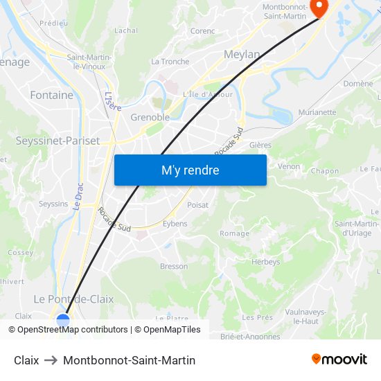 Claix to Montbonnot-Saint-Martin map