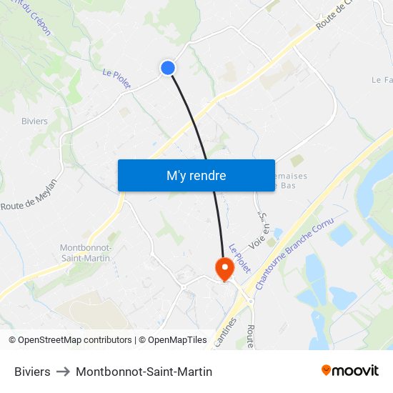 Biviers to Montbonnot-Saint-Martin map