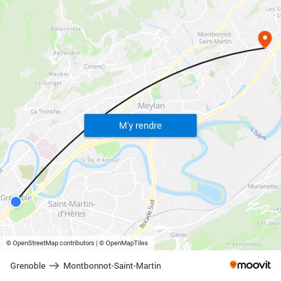 Grenoble to Montbonnot-Saint-Martin map