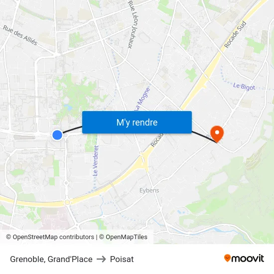 Grenoble, Grand'Place to Poisat map