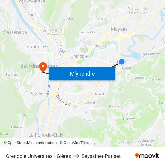 Grenoble Universités - Gières to Seyssinet-Pariset map