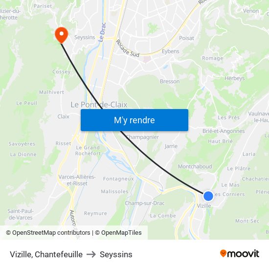 Vizille, Chantefeuille to Seyssins map