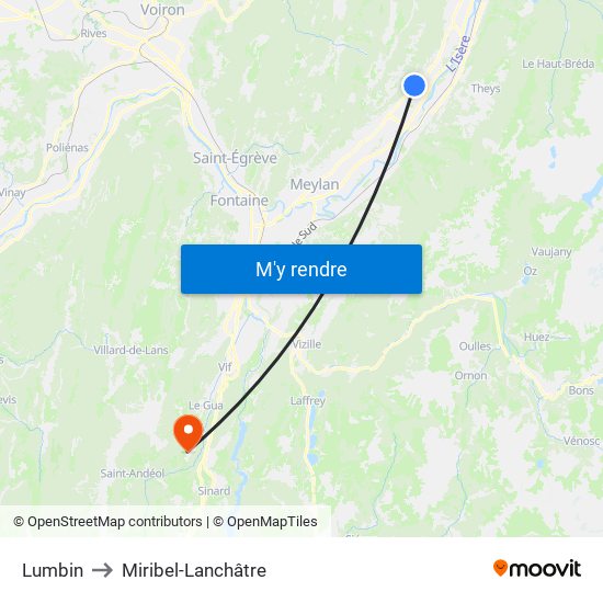 Lumbin to Miribel-Lanchâtre map