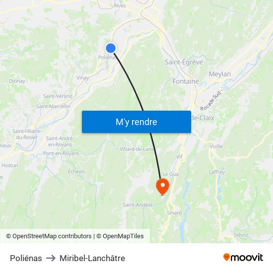 Poliénas to Miribel-Lanchâtre map