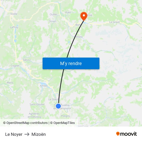 Le Noyer to Mizoën map