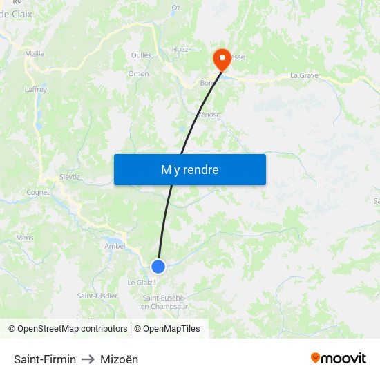 Saint-Firmin to Mizoën map