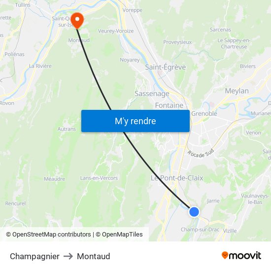 Champagnier to Montaud map