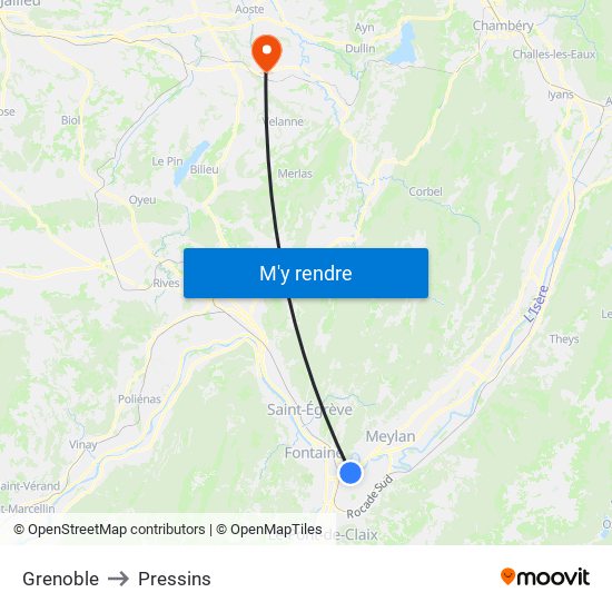 Grenoble to Pressins map