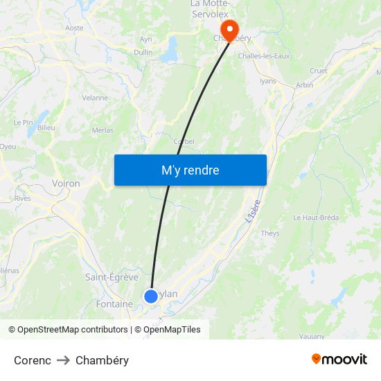 Corenc to Chambéry map
