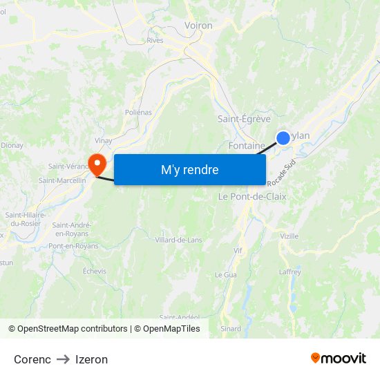Corenc to Izeron map