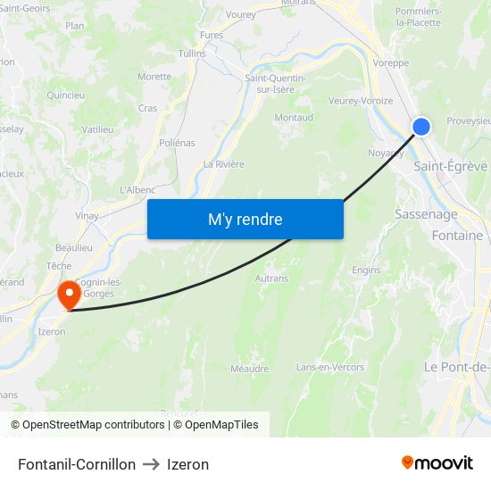 Fontanil-Cornillon to Izeron map