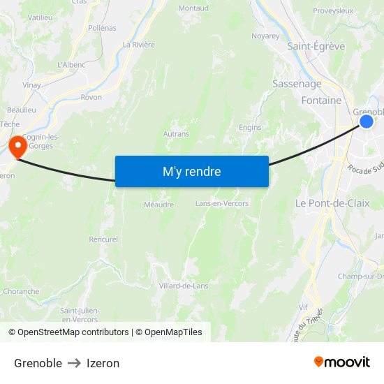 Grenoble to Izeron map