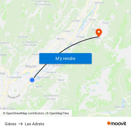 Gières to Les Adrets map