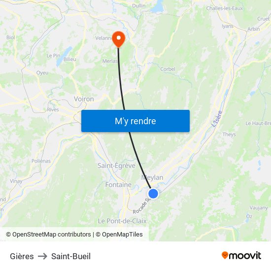 Gières to Saint-Bueil map