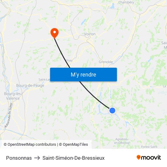 Ponsonnas to Saint-Siméon-De-Bressieux map