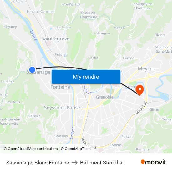 Sassenage, Blanc Fontaine to Bâtiment Stendhal map