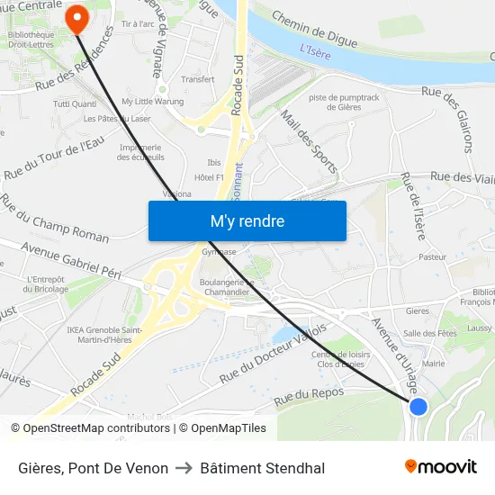 Gières, Pont De Venon to Bâtiment Stendhal map