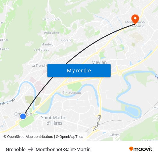 Grenoble to Montbonnot-Saint-Martin map