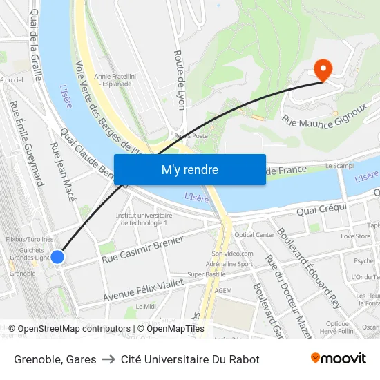 Grenoble, Gares to Cité Universitaire Du Rabot map