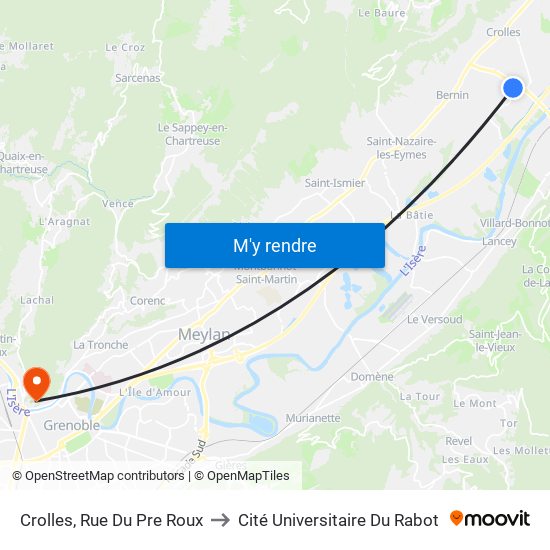 Crolles, Rue Du Pre Roux to Cité Universitaire Du Rabot map