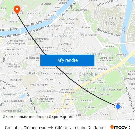 Grenoble, Clémenceau to Cité Universitaire Du Rabot map