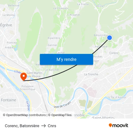 Corenc, Batonnière to Cnrs map