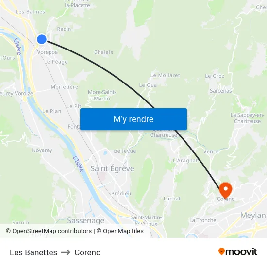 Les Banettes to Corenc map