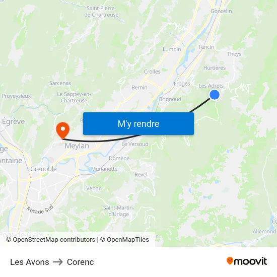 Les Avons to Corenc map