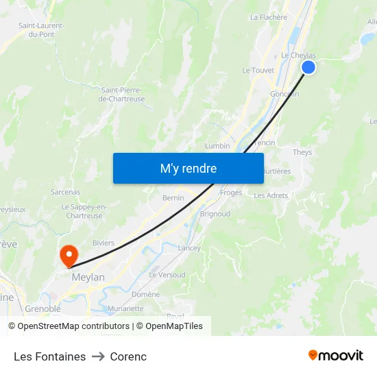 Les Fontaines to Corenc map