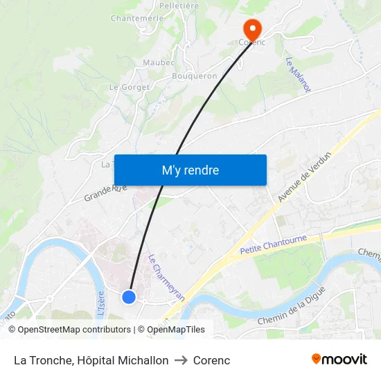 La Tronche, Hôpital Michallon to Corenc map