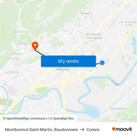 Montbonnot-Saint-Martin, Baudonniere to Corenc map