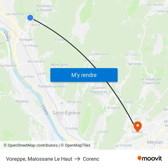 Voreppe, Malossane Le Haut to Corenc map