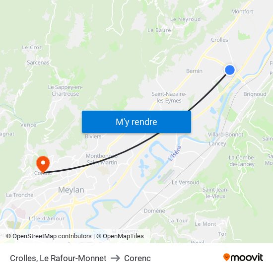 Crolles, Le Rafour-Monnet to Corenc map