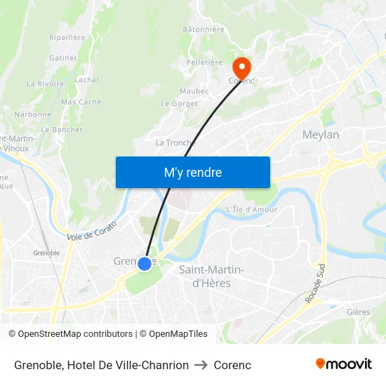 Grenoble, Hotel De Ville-Chanrion to Corenc map