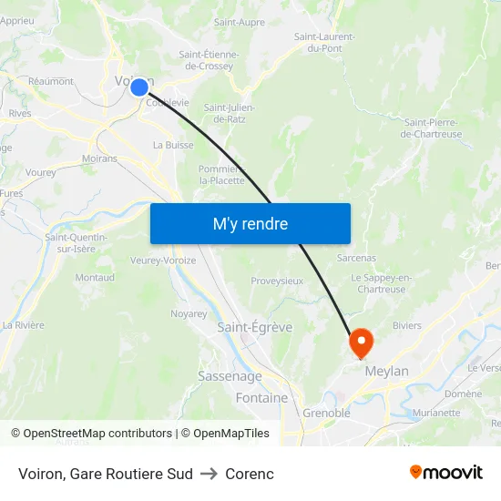 Voiron, Gare Routiere Sud to Corenc map