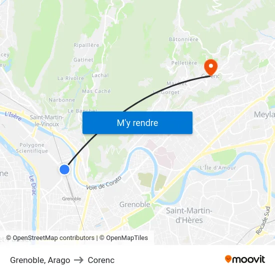 Grenoble, Arago to Corenc map