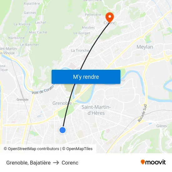 Grenoble, Bajatière to Corenc map