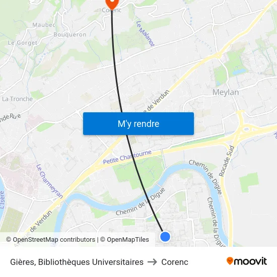 Gières, Bibliothèques Universitaires to Corenc map