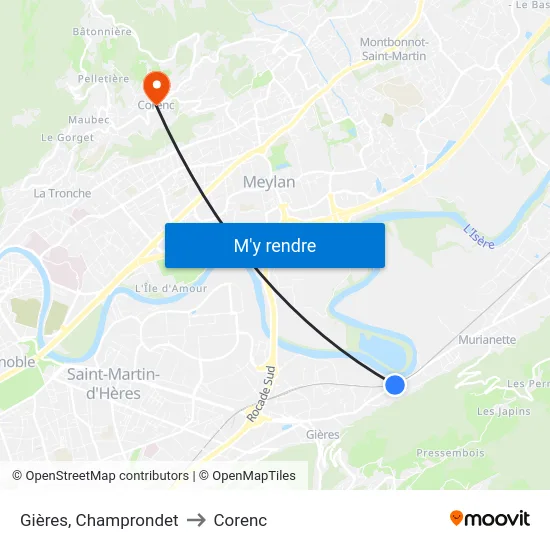 Gières, Champrondet to Corenc map