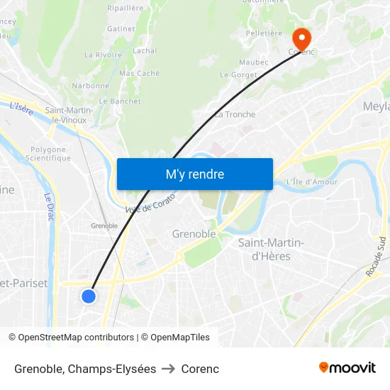 Grenoble, Champs-Elysées to Corenc map