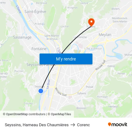Seyssins, Hameau Des Chaumières to Corenc map