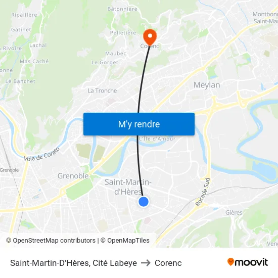 Saint-Martin-D'Hères, Cité Labeye to Corenc map