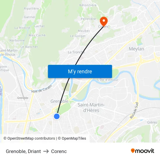 Grenoble, Driant to Corenc map