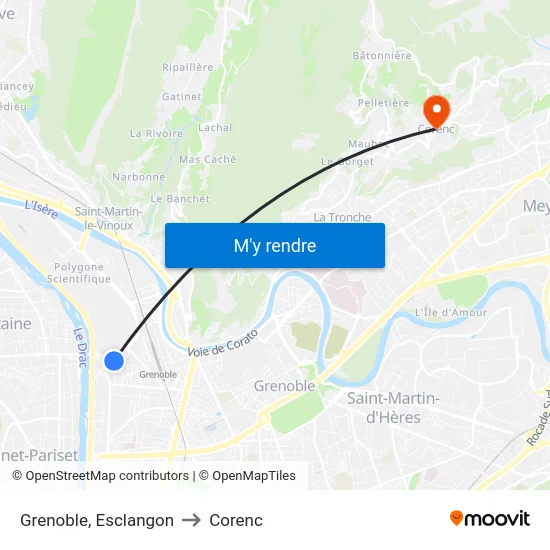 Grenoble, Esclangon to Corenc map