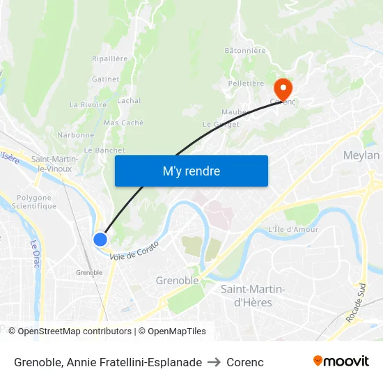 Grenoble, Annie Fratellini-Esplanade to Corenc map