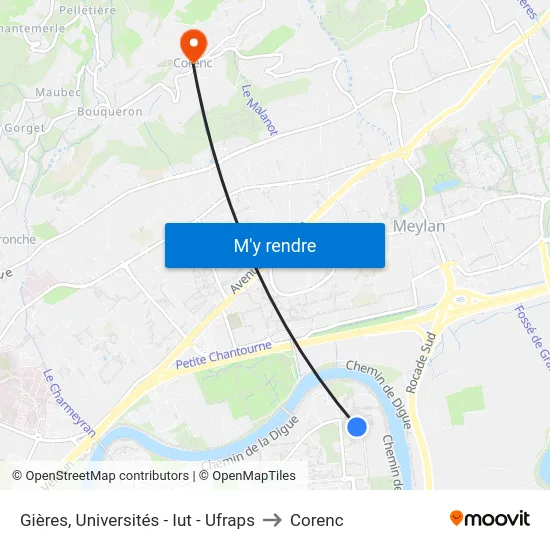 Gières, Universités - Iut - Ufraps to Corenc map