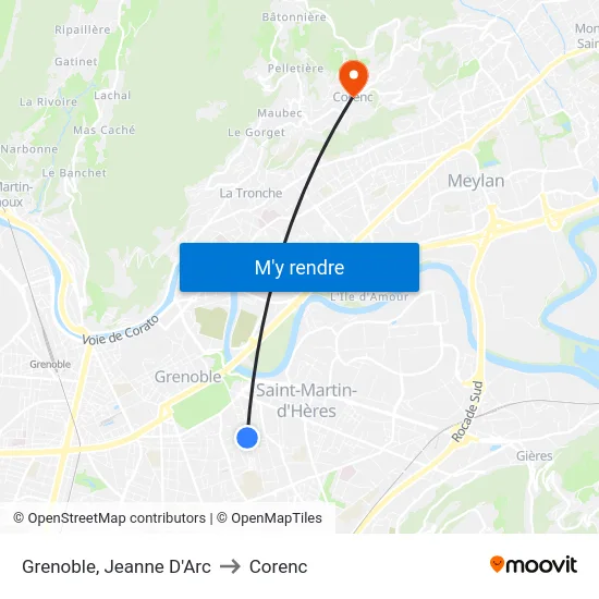 Grenoble, Jeanne D'Arc to Corenc map