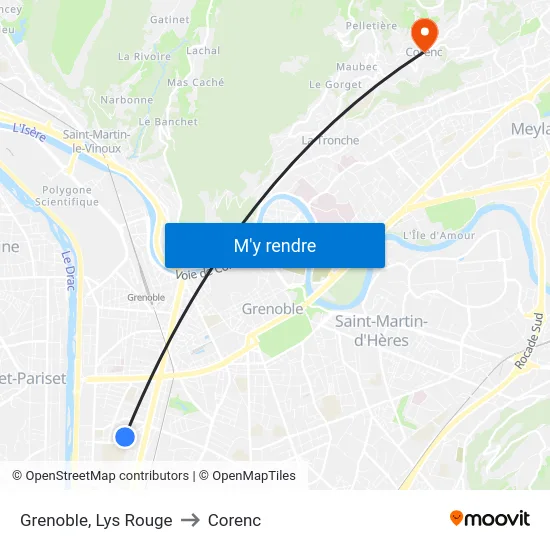 Grenoble, Lys Rouge to Corenc map